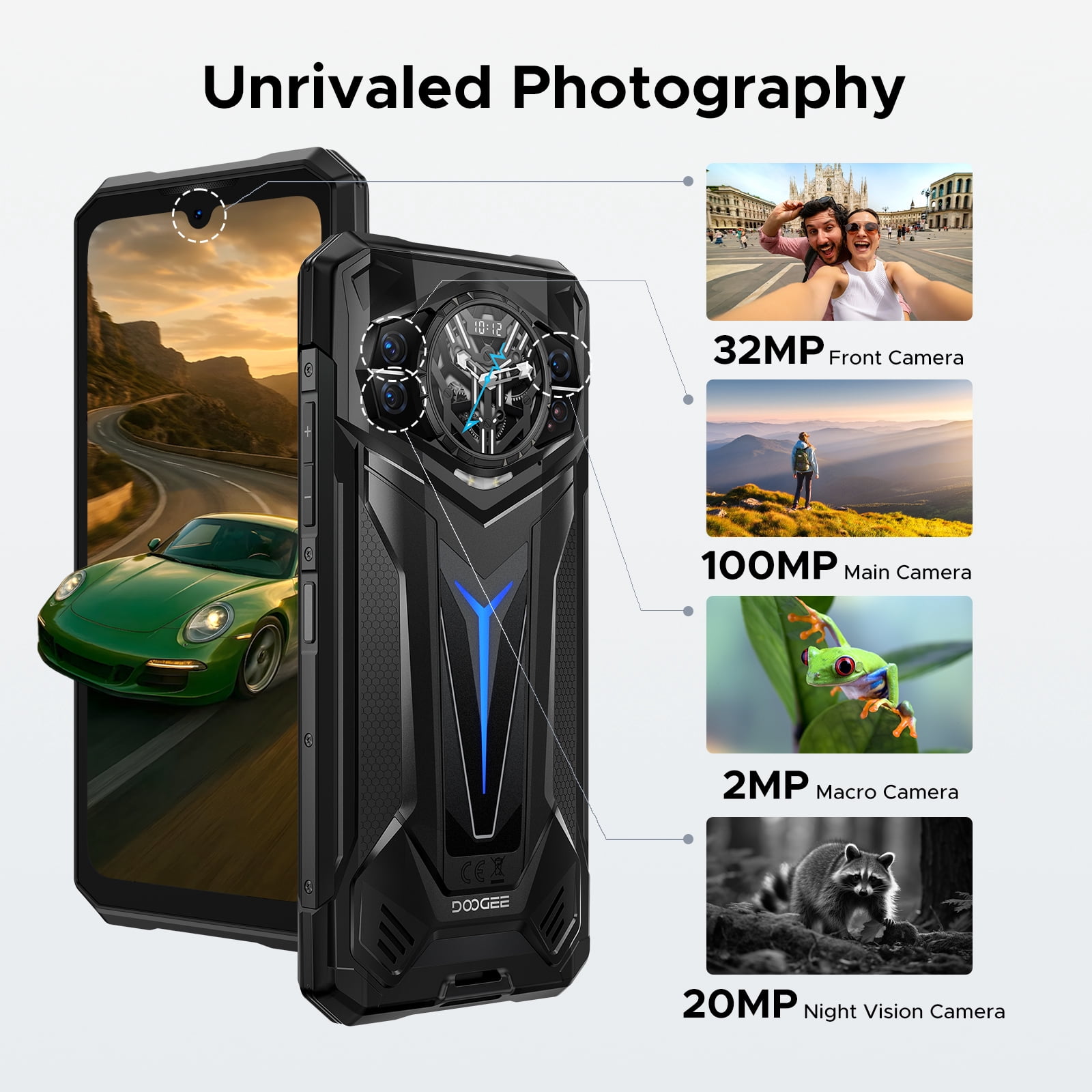 DOOGEE S200 Ultra Rugged Smartphone 5G, 48(12+36)GB+1 TB, 1.32"AMOLED Rear Display, 6.72" FHD&120Hz, 4nm D7400 Android 15, 11000mAh/66W, 100MP+20MP Night vision, Light Effect,Face ID/BT5.4/WiFi6E/NFC