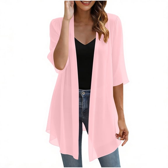 Lnmiateer Classic Scallop Lace Border Chiffon Open Front Cardigan 3/4 Sleeve Loose Casual Thin Jacket Autumn Winter Everyday Multi-Layer Fashion Outerwear