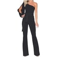 thumbnail image 2 of Summer Saving Wycnly Jumpsuits for Women Dressy Business One Shoulder Elastic Waist Long Jumpsuits Overalls with Belt Summer Slash Neck Long Sleeve Solid Maxi Trendy Rompers Black xxxl, 2 of 6