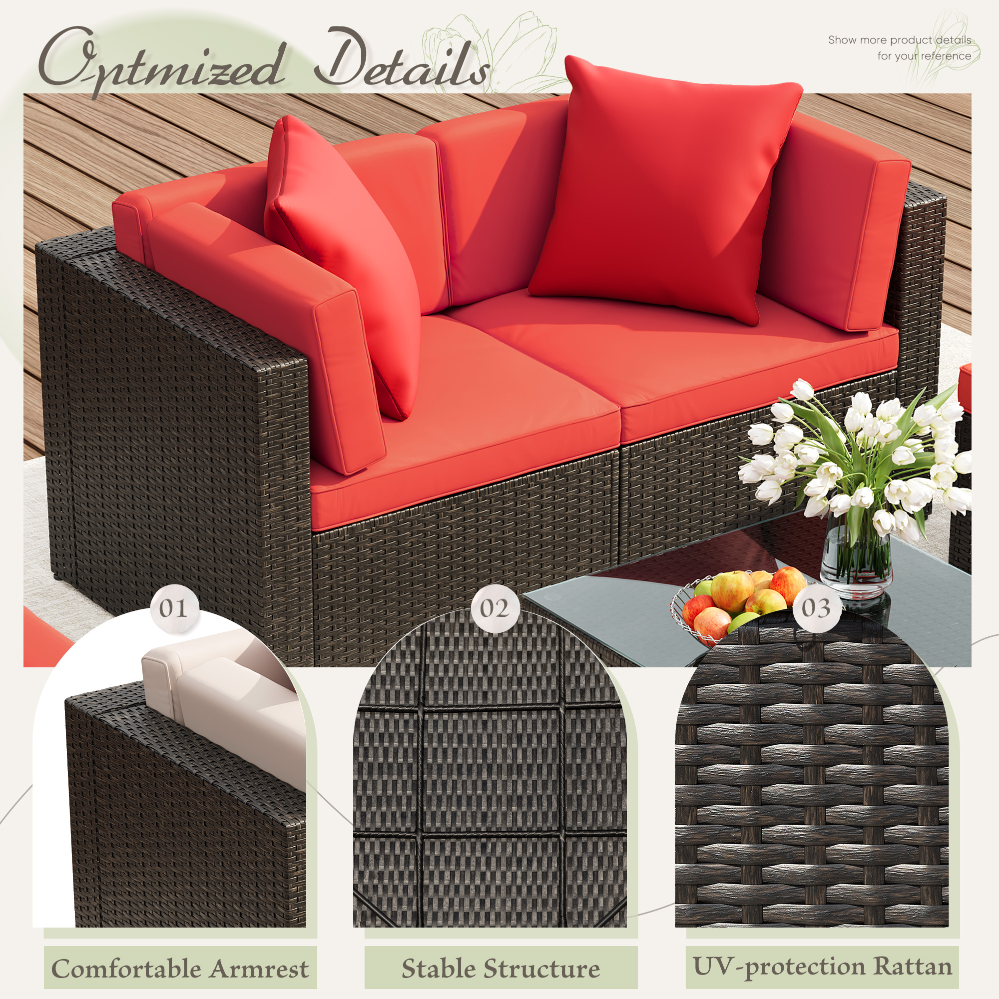 Lacoo 5 PCS Patio Outdoor Furniture Wicker Sectional Sofa With Cushion, Red
