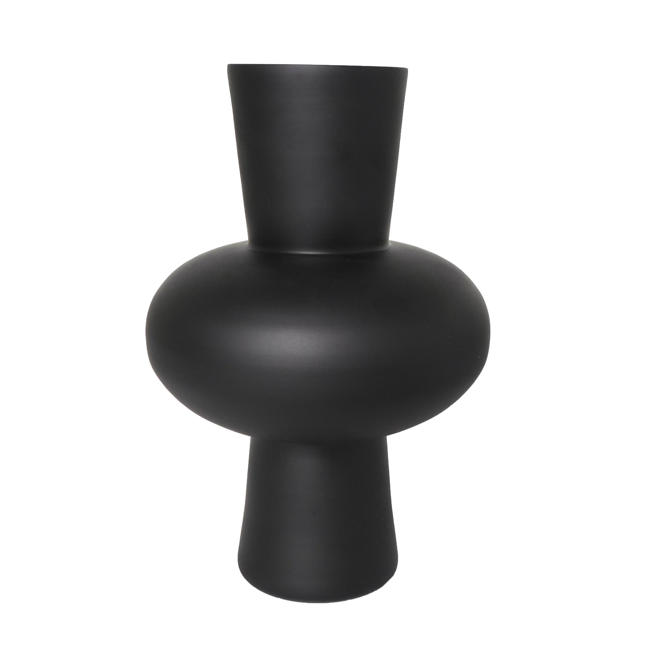 DecMode 12", 10"H Trumpet Black Glass Vase with Wide Rounded Center, Set of 2
