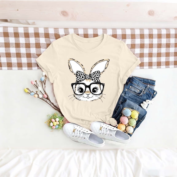 Easter Shirt for Women Leopard Print Bow Glasses Bunny Graphic T-Shirt Short Sleeve Crewneck Casual Loose Fit Festival Apparel Spring Holiday Top