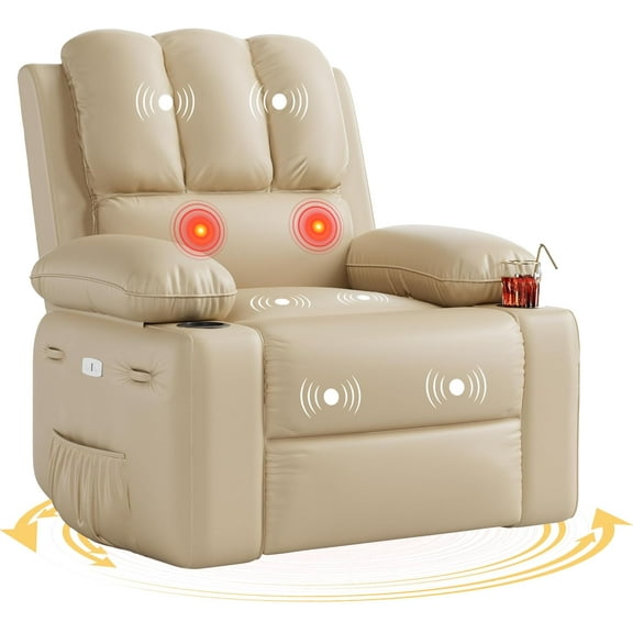 Oversized Power Recliner Chairs with Massage and Heat,Electric Reclining Chair with 1.5X Sponge,Extra Wide 27" PU Leather Reclining Sofa,Swivel Rocker for Living Room Bedroom