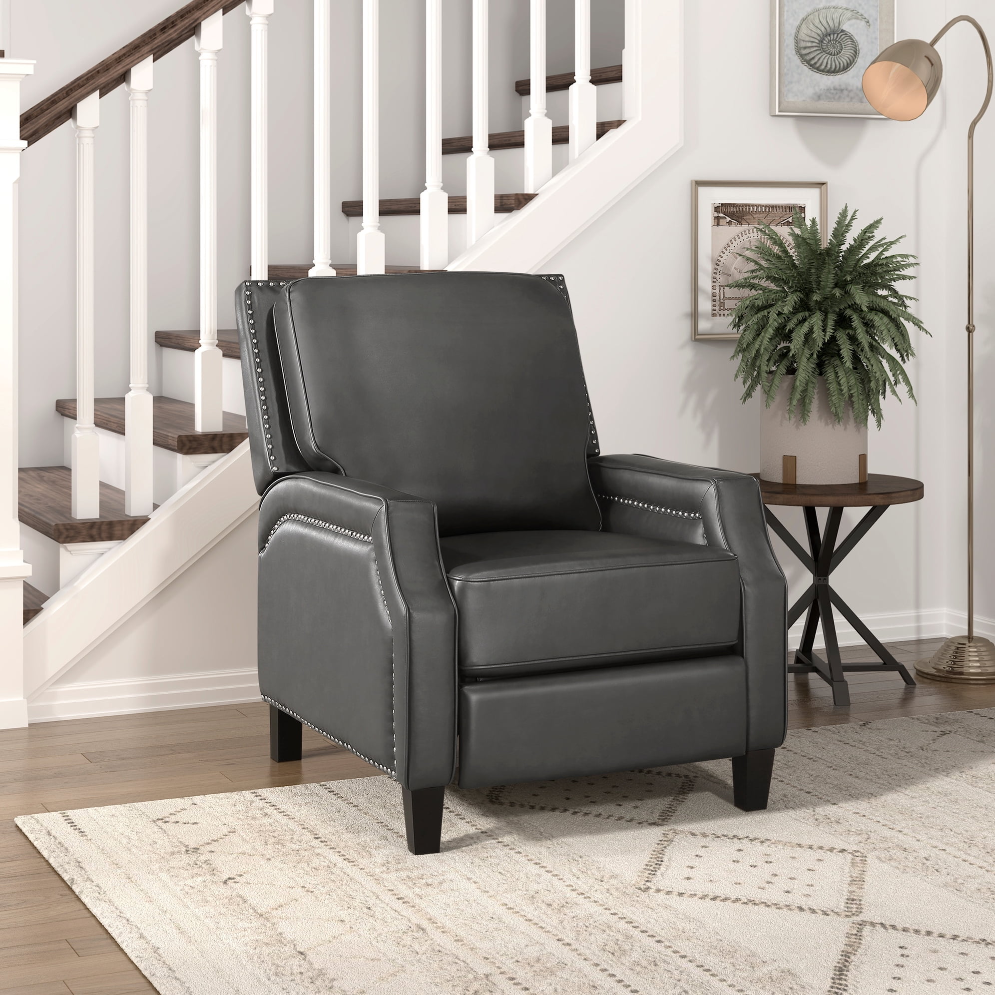 Transitional Gray Reclining Chair With Comfortable Padding, Metal Base Push Back In Gray, Modern Living, Reinforced Seat