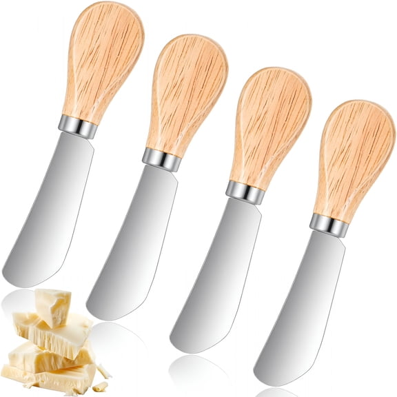 EXLEAF 4Pcs Cheese Knife Spreader,Stainless Steel Cheese Spreaders Knives for Dips,Small Butter Knife Set with Wood Handle,For Soft Cheese,Cold Butter,Jam,Charcuterie,Pastry