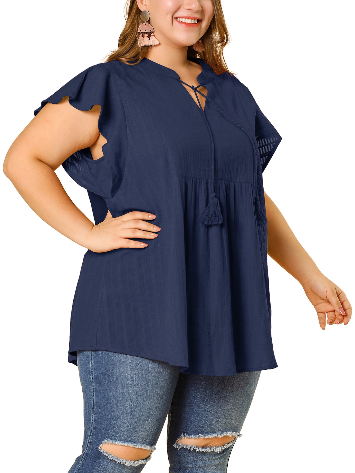 Unique Bargains Women's Plus Drawstring Split V Neck Flutter Sleeve Tunic Top