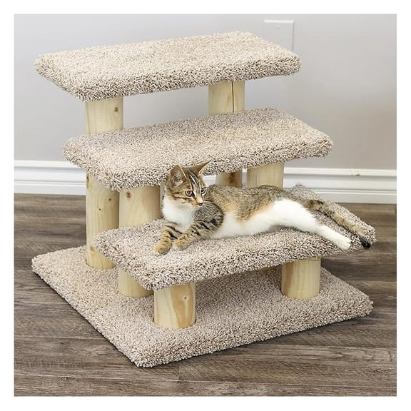 Pet Stairs for Dogs & Cats, Large 20 Inch, Wood Construction, Carpeted Steps, Neutral Colors - Furniture for Senior Pets, Bed Access