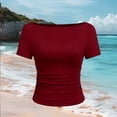 thumbnail image 4 of hoksml Women's Ribbed Boat Neck Elbow Sleeve Top, Side Ruched Slim Fit Crop Shirt for Summer Casual Wear, 4 of 5