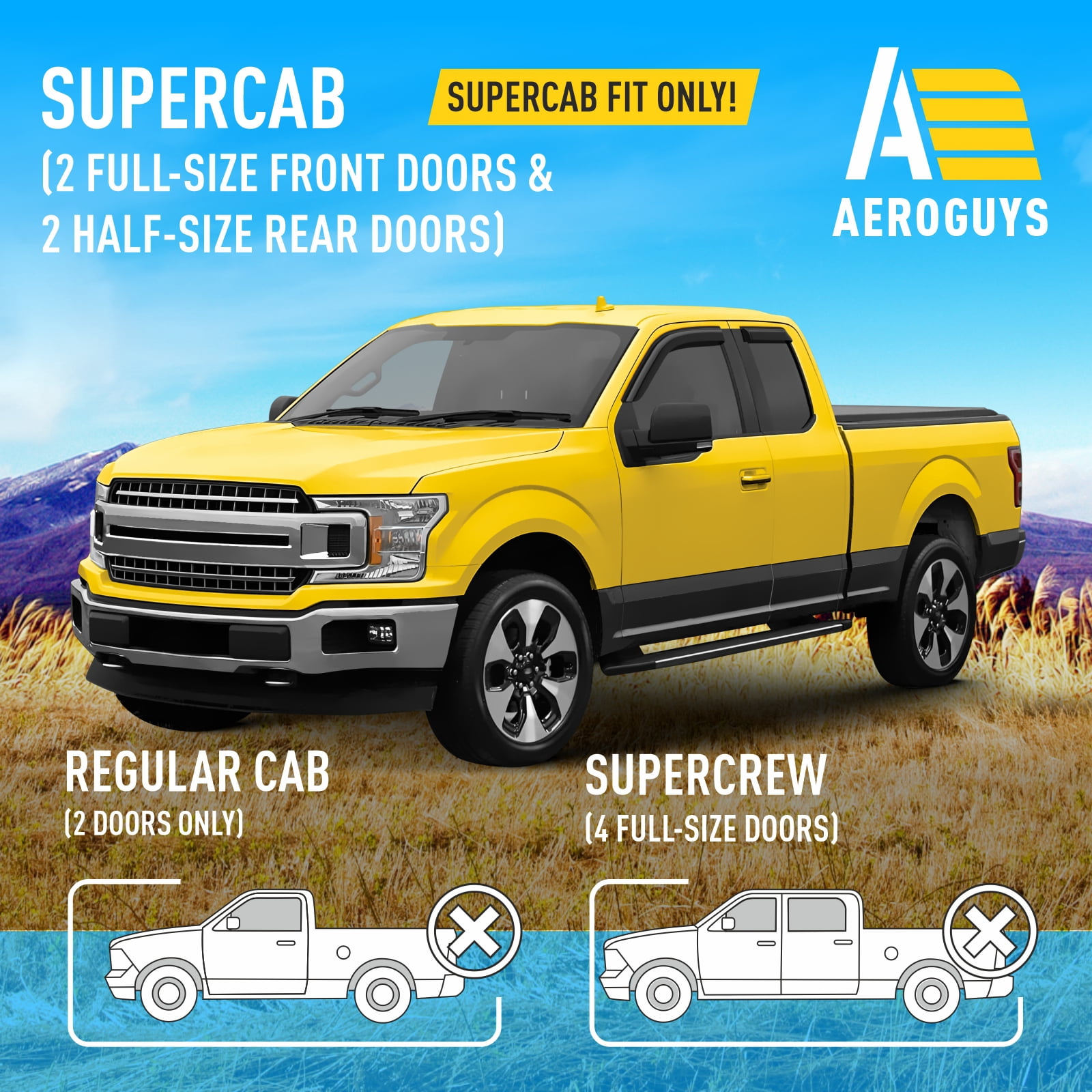 AEROGUYS Tape-On Window Deflectors Extra Durable Window Visors Rain Guards Fit for Ford F-150 2015-2025 SuperCab, Sun Visors, Wind Vent Visors, Car Accessories - 4 pcs. AG0721
