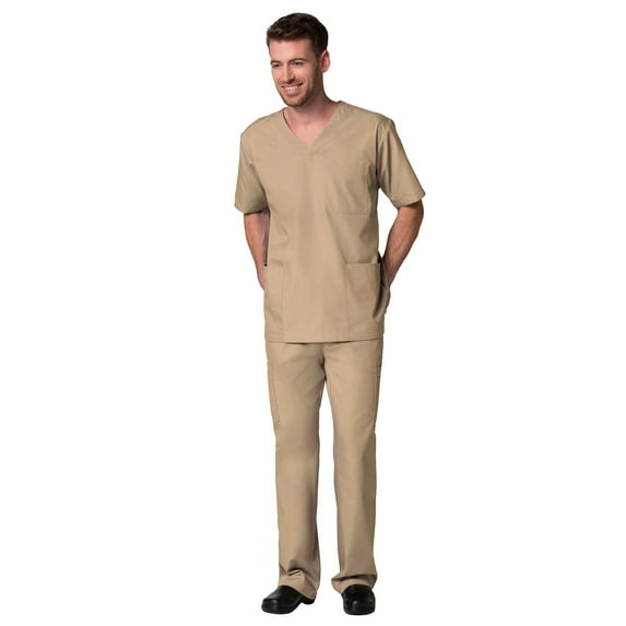 Maevn Red Penda Men's 3-Pocket V-Neck Top & Full Elastic 10-Pocket Cargo Pant Scrub Set