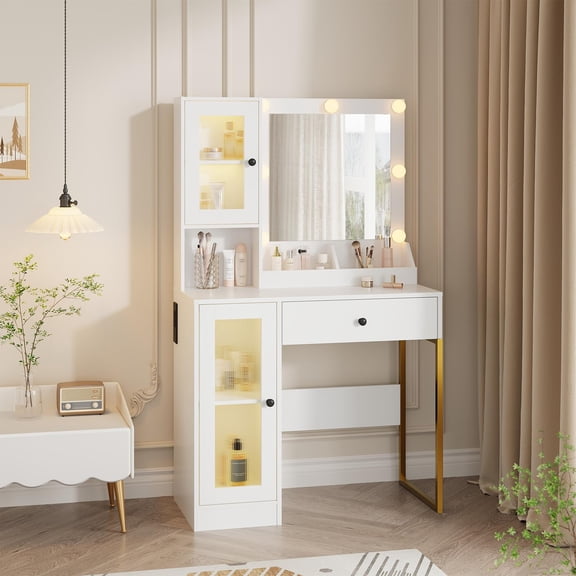 Makeup Vanity Desk with Mirror and Lights, Vanity Table with Charging Station, 2 Open Compartments, 2 Acrylic-Door Cabinets & RGB Lights, Dressing Table for Bedroom, Weathered Oak