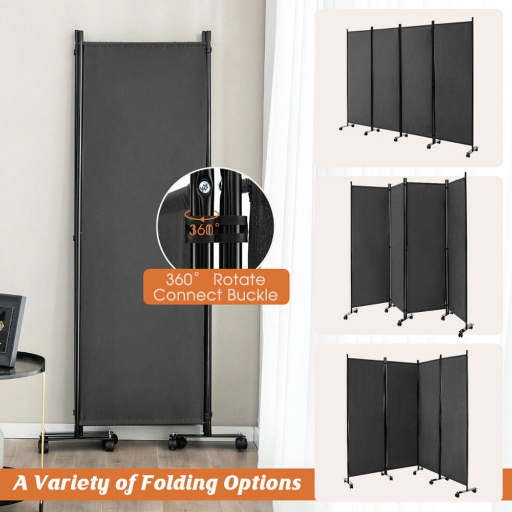 Kadyn Partition Room Dividers,Privacy Screen, 4-Panel Folding Room Divider 6 Feet Rolling Privacy Screen with Lockable Wheels-Gray