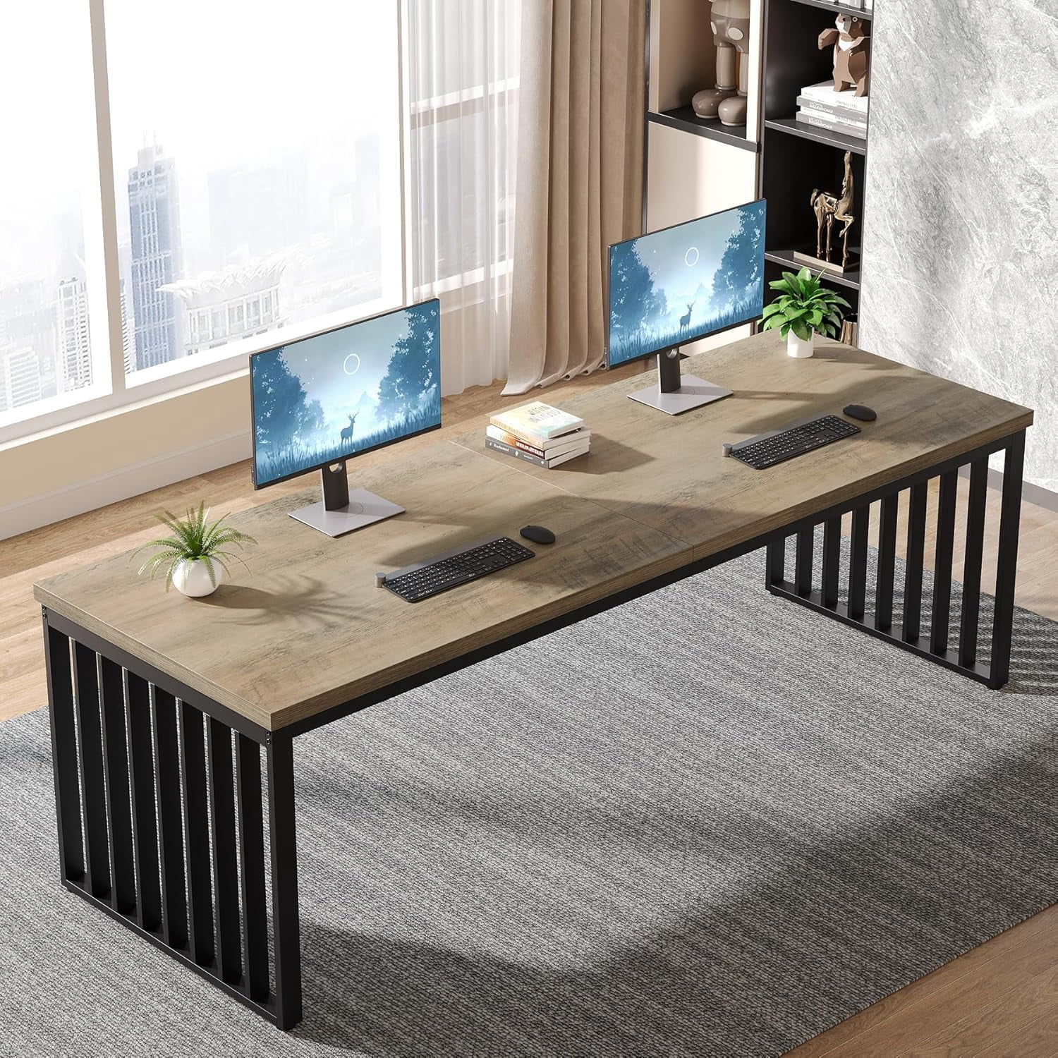 Tribesigns 78.74" Extra Long Computer Desk 2 Person Desk, Double Long Desk with Heavy Duty Metal Frame for Home Office, Gray & Black