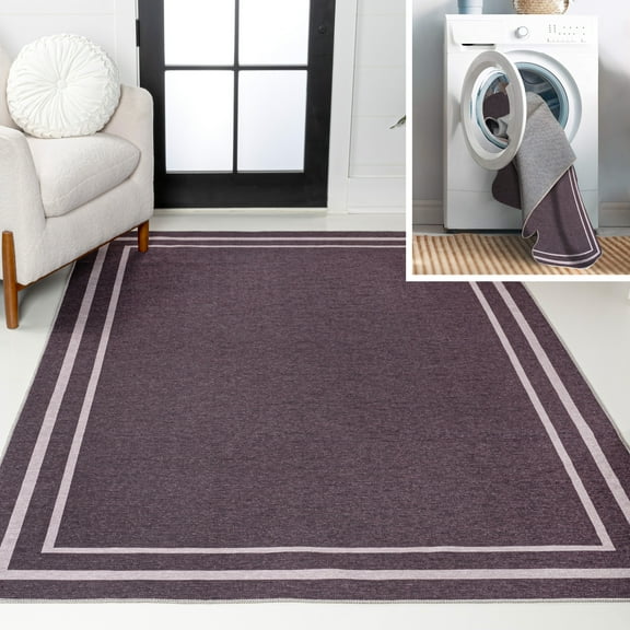 JONATHAN Y WASHABLE 9 x 12 Area Rug, Sloane 2-Stripe Border Washable - Dark Purple/Light Purple, WSH125C-9