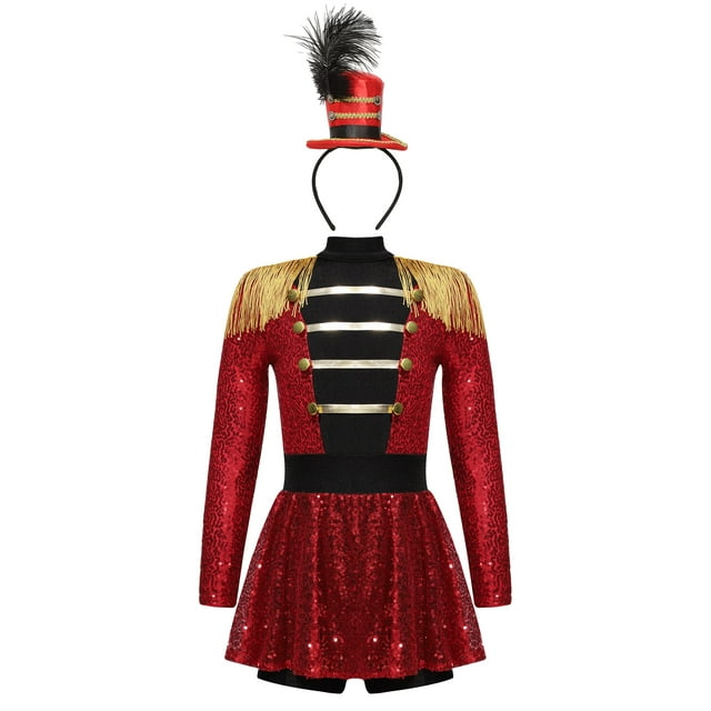inlzdz Combinaison de Danse Festival pour Filles Manches Longues Sequins à Franges Combinaison avec Chapeau Rouge 12