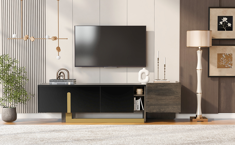 Modern Luxury TV Stand, Entertainment Center with Metal Base, 1 Large Drawer, 2 Cabinets and Golden Accents, Black and White
