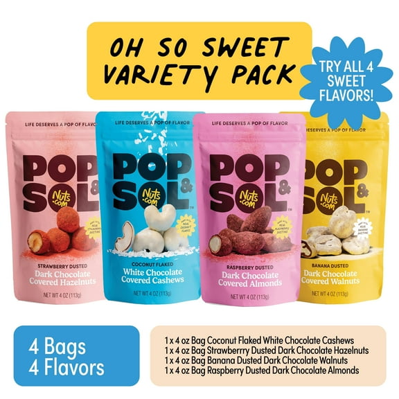 (4 Pack) Pop & Sol by Nuts.com, Fruit-Dusted Chocolate-Covered Nuts Variety Pack, 4 oz Bags (Coconut Cashew, Raspberry Almond, Strawberry Hazelnut, Banana Walnut)