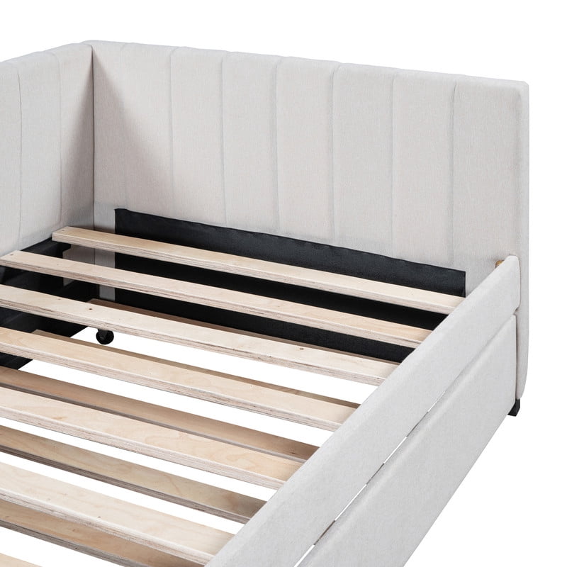 Aukfa Daybed with Trundle, Twin Size Upholstered Bed Frame, Beige