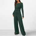 thumbnail image 2 of ibuvkizy Two Piece Sets for Women Shoulder Drop Solid Color Pocket Long Sleeved Casual Wide Draw Rope Leg Pants Fashion Two-Piece Set Round Neck Top Shirt Set Suit Green,XS, 2 of 9