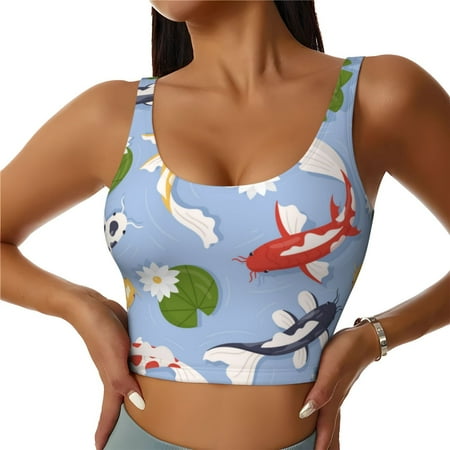 Adobk Colorful Koi Fish Print Sports Bras for Women Longline Workout Crop Tank Tops Padded with Built in Shelf Padded Sports Bra-