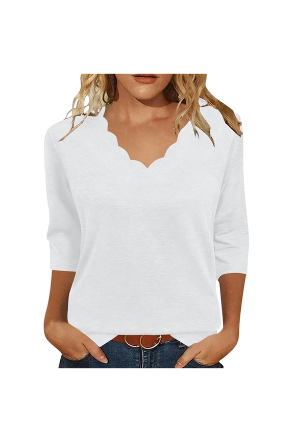 Shirts for Women Dressy Women's Casual Relaxed Fashionable Wave-shaped Neckline Short-sleeved Top White XL