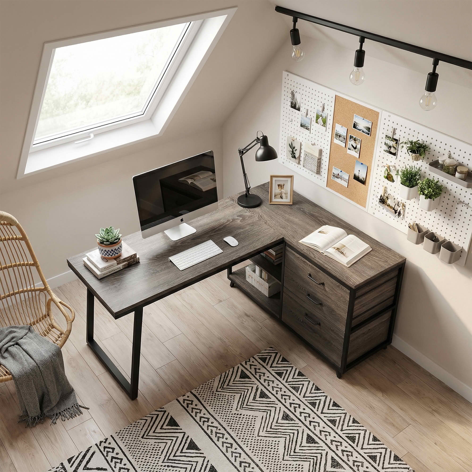 MAYEERTY Reversible L-Shaped Desk with 3 Drawers & Open Shelves, 53" Home Office Computer Desk
