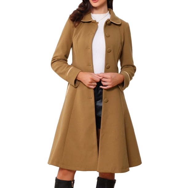 Abrigo de invierno con cinturón y contraste de ribete para mujer, con cuello Peter Pan, de la marca INSPIRE CHIC, talla M, color caqui