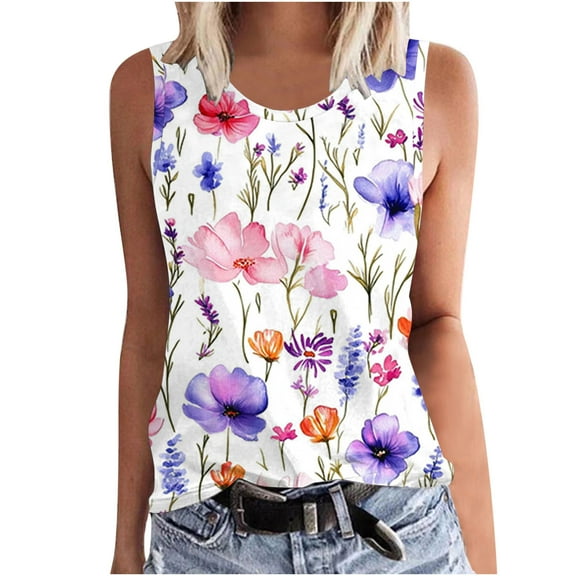 Cilsoka Womens Floral Tank Tops Crewneck Sleeveless Shirts Casual Summer Loose fit Top, Cotton Tank Top Women Plus Size