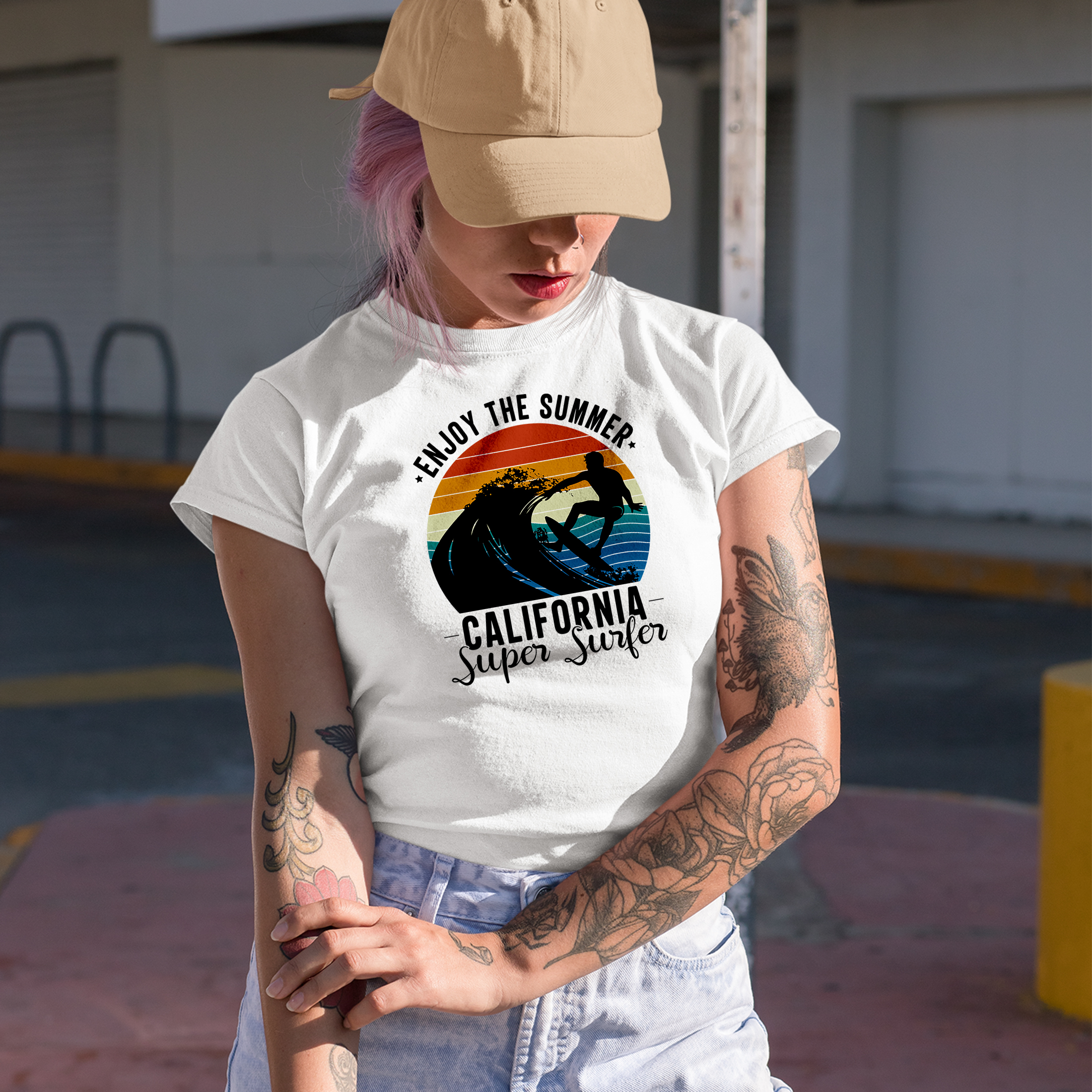 Retro Enjoy the Summer, California Super Surfer, Surfing Lover, White T-Shirt, 2XL