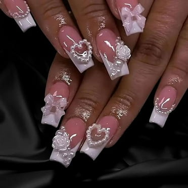 24 Pcs Cute Press on Nails Medium Coffin Bow Nail Charms Designs Fake Nails Acrylic Rose Pearl Full Cover Stick on Nails Summer False Nails for Women Girls French Tip Nails