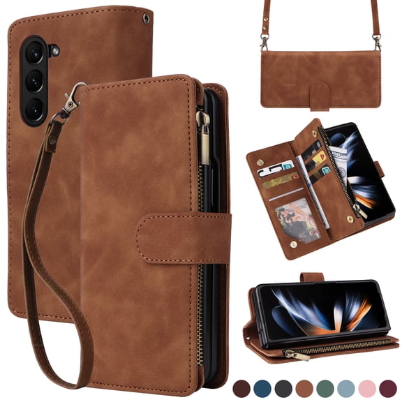 ELEHOLD for Samsung Galaxy Z Fold5 Wallet Crossbody Case,Large Capacity Card Slots Zipper Purse Kickstand Function Magnetic Clasp Shoulder Strap Wrist Lanyard Leather Case for Samsung Z Fold5,Brown