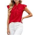 thumbnail image 2 of Karymi Womens Tops Bow Tie Stand Collar Blouse, Ruffle Short Sleeve Chiffon Tank Top, Elegant Slim Fit Satin Shirt Womens Tops, 2 of 5