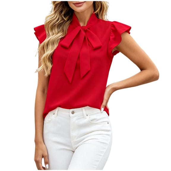 WRFWUL Womens Elegant Bow Tie Neck Ruffle Cap Sleeve Blouses Casual Loose Fit Solid Shirts Summer Office Going Out Tops