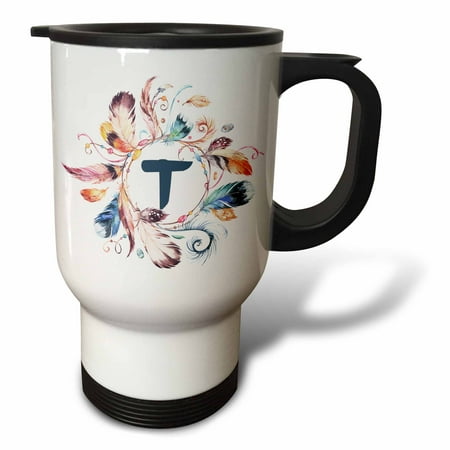 

3dRose Boho Feather Wreath With A Monogram T Initial Watercolor Design - Travel Mug 14-ounce Stainless Steel