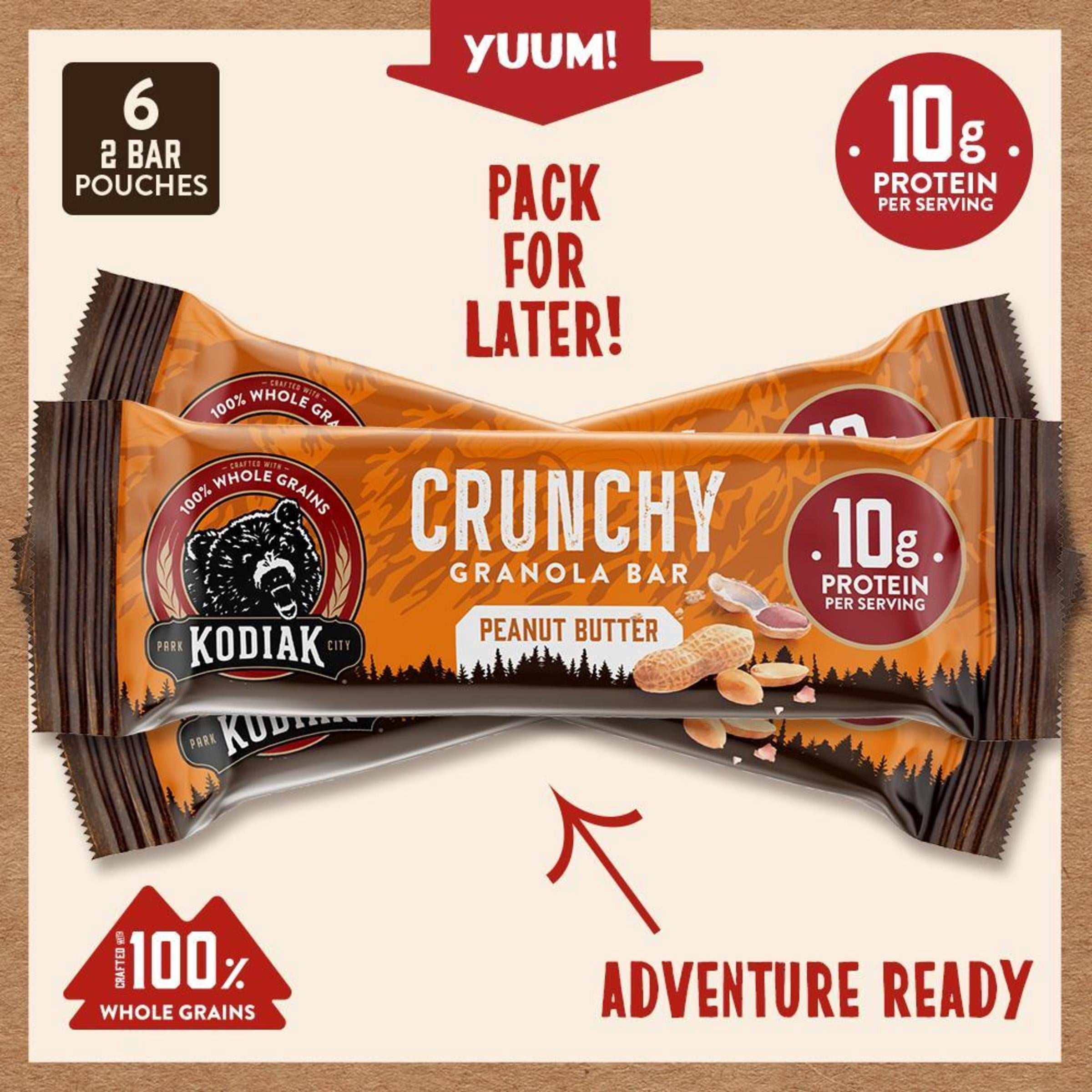 (3 pack) Kodiak Protein-Packed Peanut Butter Crunchy Granola Bars, 1.59 oz, 6 Count Cardboard Box