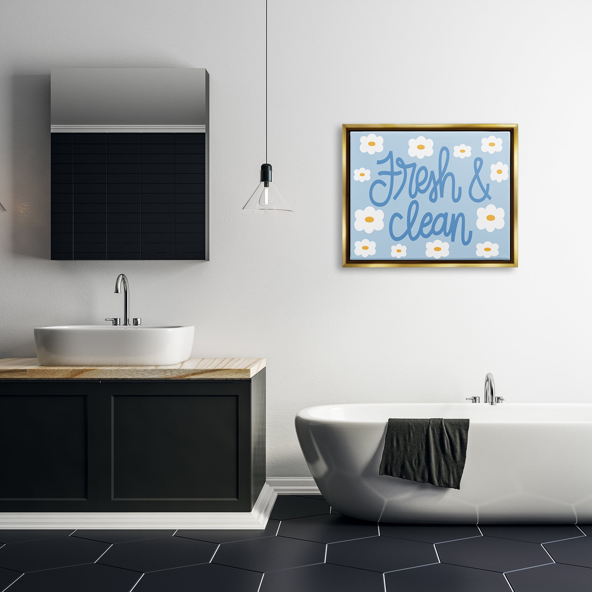 Stupell Industries Fresh & Clean Blue Daisy Pattern Typography Painting Gold Floater Framed Art Print Wall Art