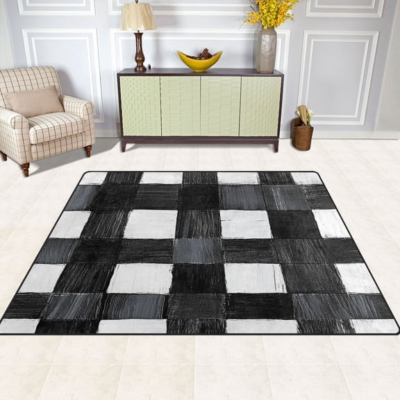 Abstract Black and White Stripe 63''x48'' Plush Memory Foam Bath Mat, Soft, Absorbent, Non Slip, Durable