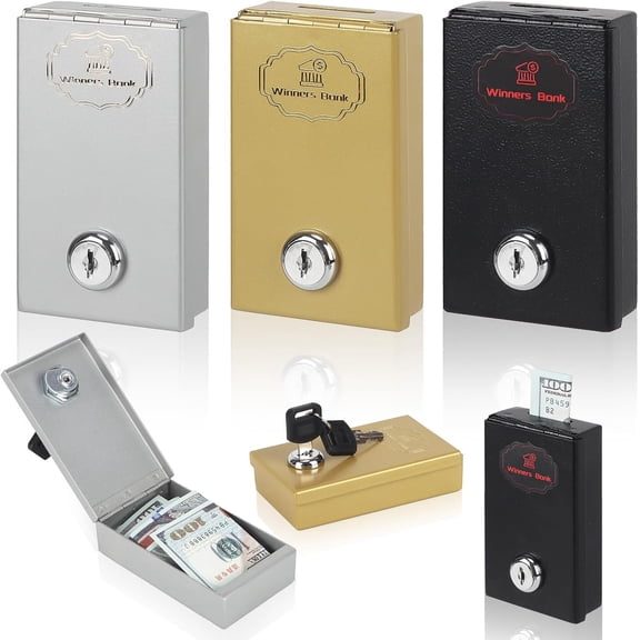 3 Pack Metal Box for Gambler - Winners Bank Portable Safe Casino Money Pocket Sized Cash Box with Key Go Home Money
