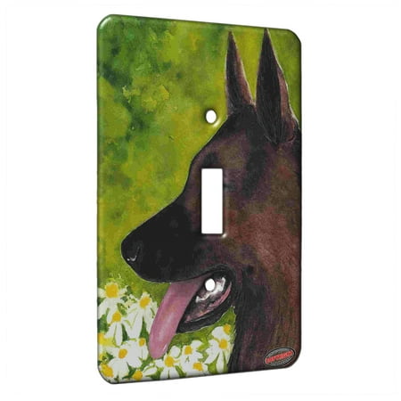 Shepherd Dog Plate - KuzmarK™ Single Gang Toggle Switch Wall Plate - German Shepherd with Daisies Dog Art by Denise Every