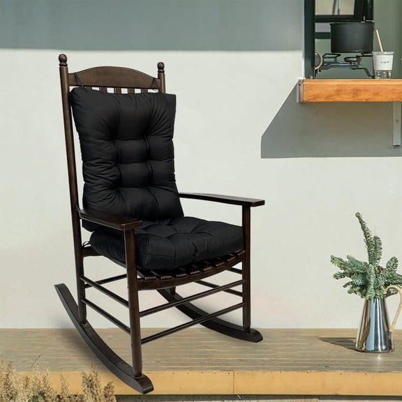 2Pcs Rocking Chair Cushion Set Waterproof Recliner Seat Mat Non Slip with Ties Indoor/Outdoor, Black