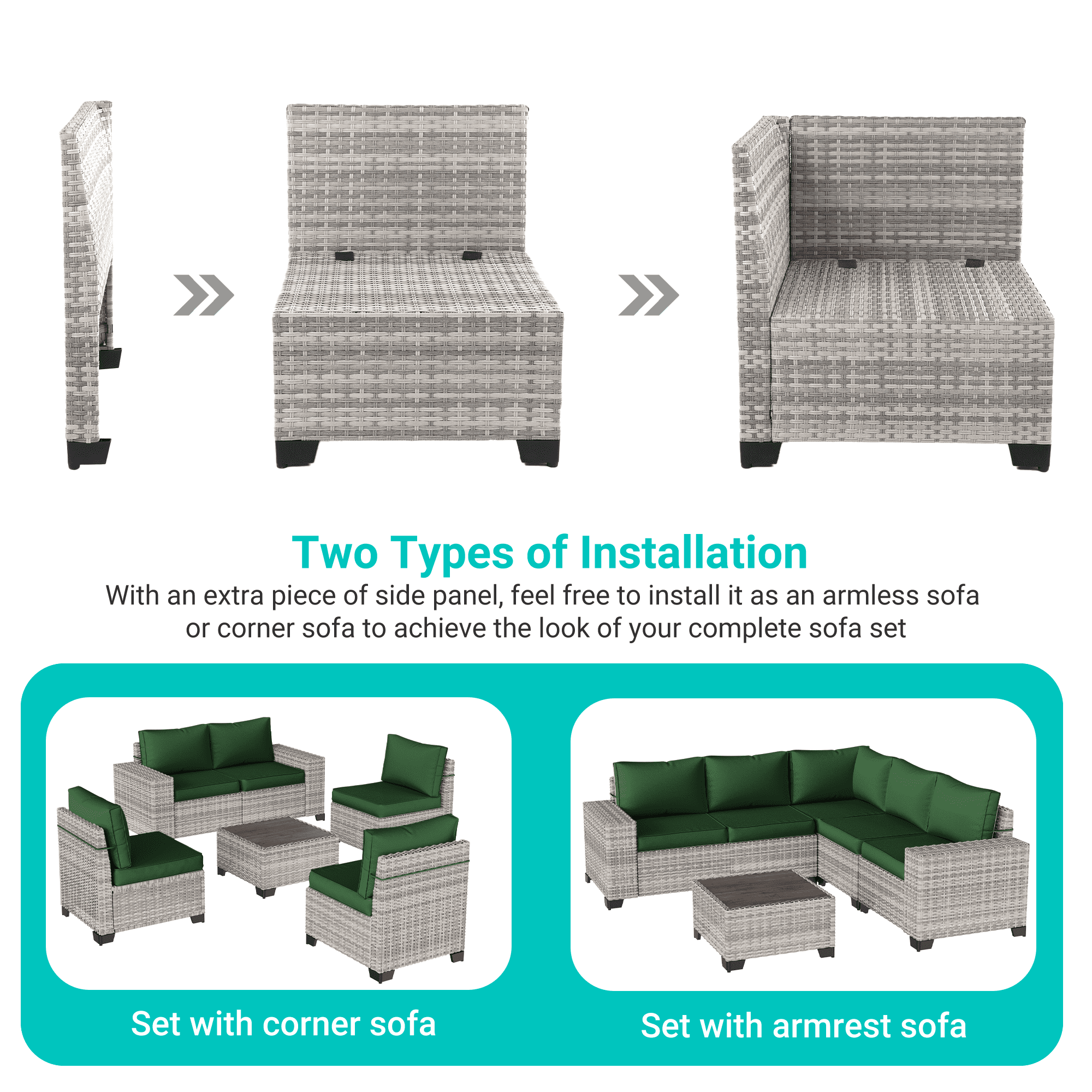 6-Piece Outdoor Patio Furniture Set, PE Wicker Rattan Sectional Sofa Conversation Set with Tempered Glass Table & Thick Cushions - All-Weather Garden, Backyard Furniture,Dark Green