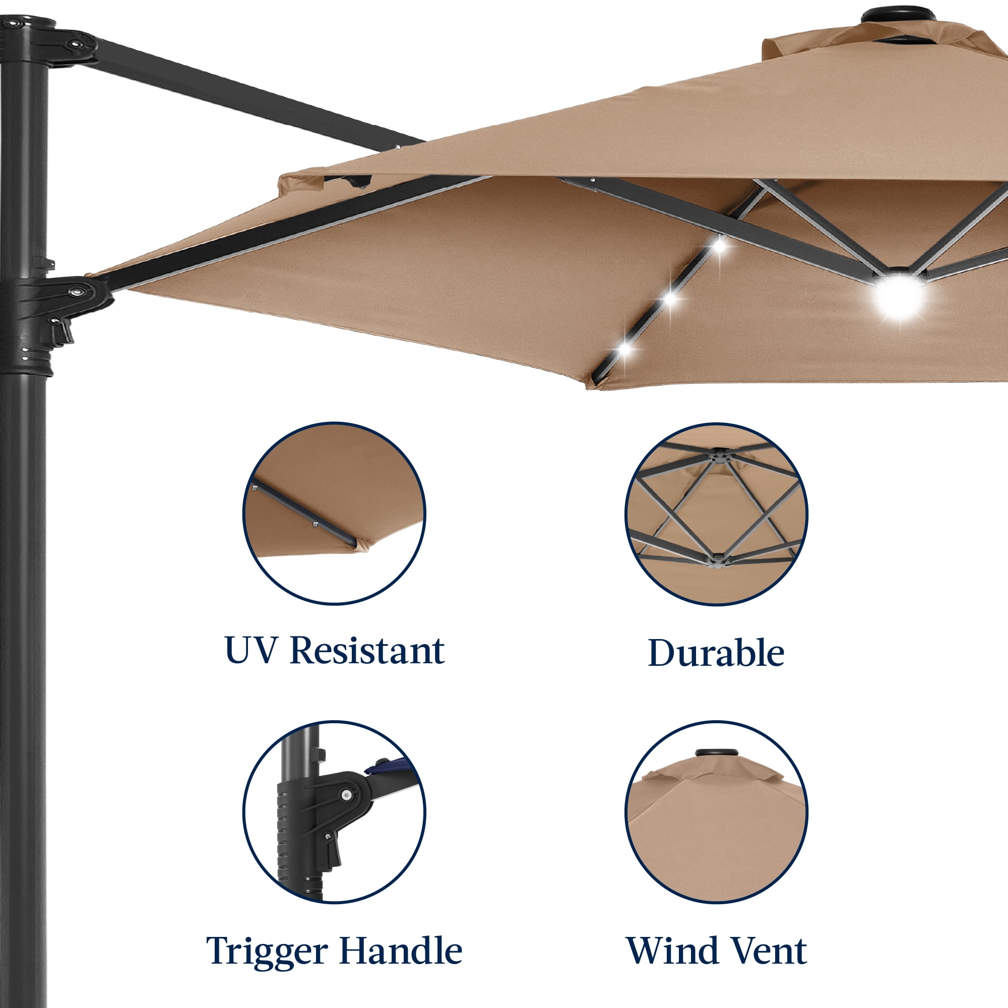 Best Choice Products 10ft 360 Rotating Cantilever Offset Hanging Market Patio Umbrella w/ Solar Lights - Tan