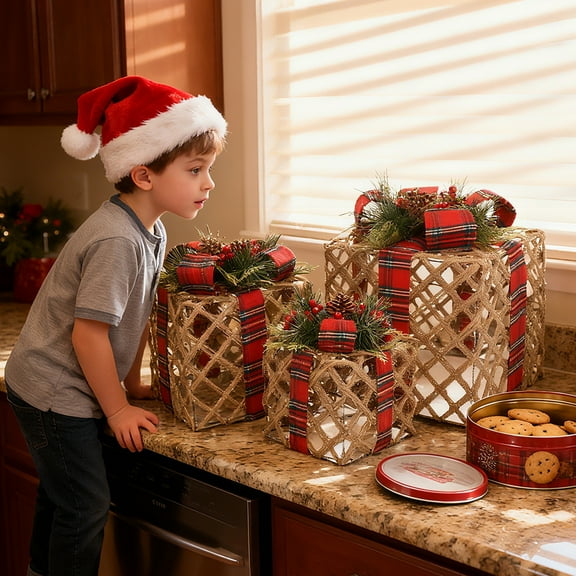 IROOZIGOTO Set of 3 Christmas Gift Boxes, Present Boxes Ornament Outdoor Tinsel Present Box with Bowknot Stackable Christmas Nesting Boxes for Christmas Decor