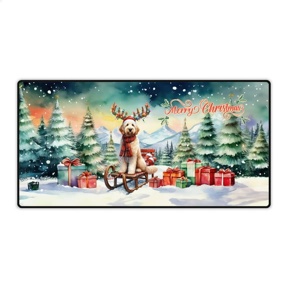 Merry Christmas Santa Reindeer Antlers Goldendoodle Sleigh Xmas Winter Holiday Desk Mat Full Keyboard Mouse Pad Doodle Dog Lover Gifts Idea Large Mousepad - 00023