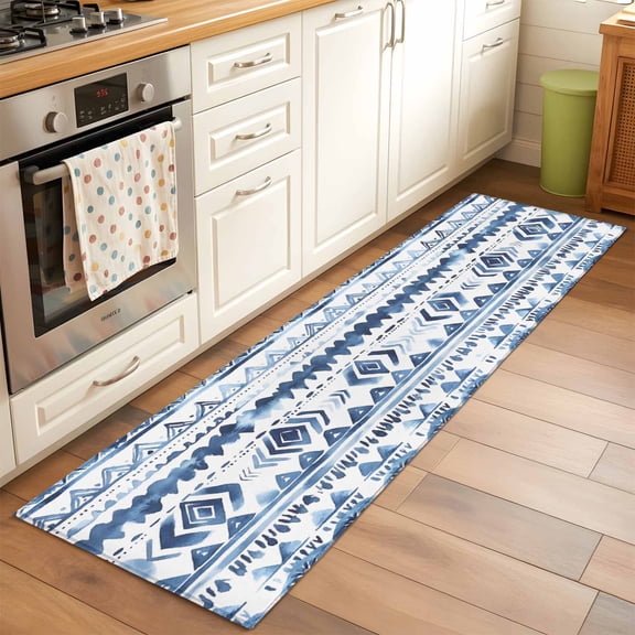 Bohemia Runner Rugs 2x6 ft Blue Abstract Retro Striped Pattern Ethnic Style Washable Hallway Rugs Non-Slip Floor Mats Absorbent Carpet Bedside Runners for Bedroom Kitchen Bathroom Laundry Room