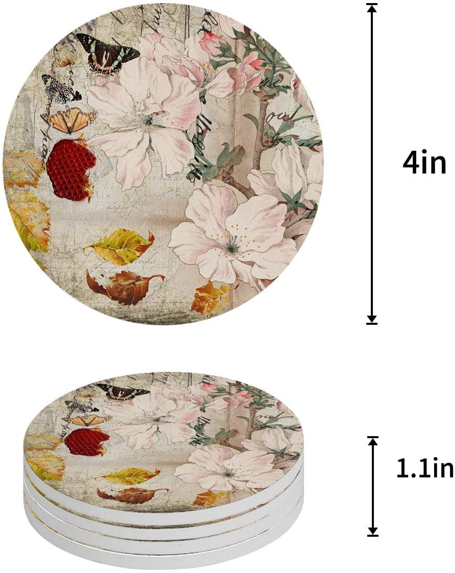 Ternal Limited Edition Sakura Coaster Set - Handmade In Ohio, Red Or White Cherry Blossom, Absorbent DripGuard, No-Slip Bottom