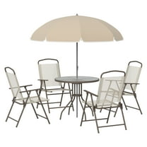 6 Piece Patio Dining Set for 4 with Umbrella, Outdoor Table and Chairs with 4 Folding Dining Chairs & Round Glass Table for Garden, Backyard and Poolside, Beige
