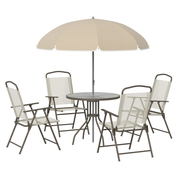 6 Piece Patio Dining Set for 4 with Umbrella, Outdoor Table and Chairs with 4 Folding Dining Chairs & Round Glass Table for Garden, Backyard and Poolside, Beige