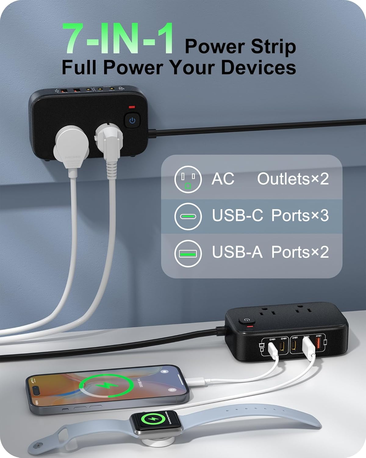 Power Strip with USB Ports, 65W USB C Fast Charging Station, 6FT Flat Extension Cord, 2 AC Outlets, 2 USB-A, 3 USB-C Ports for Multiple Devices (Black)