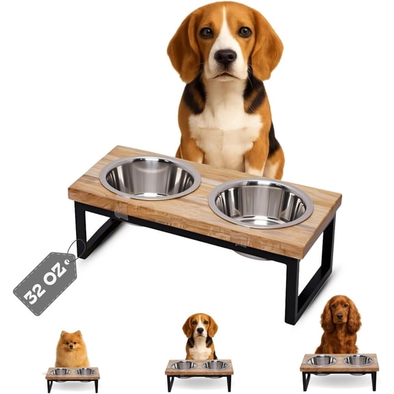 Raised Dog Bowls Set with Wooden Stand (1 Quarts)